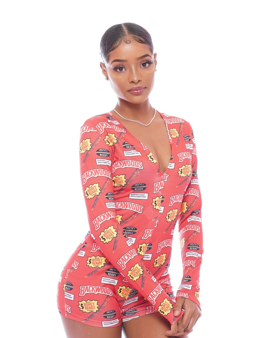 Backwoods Red Logo Print Long Sleeve Romper